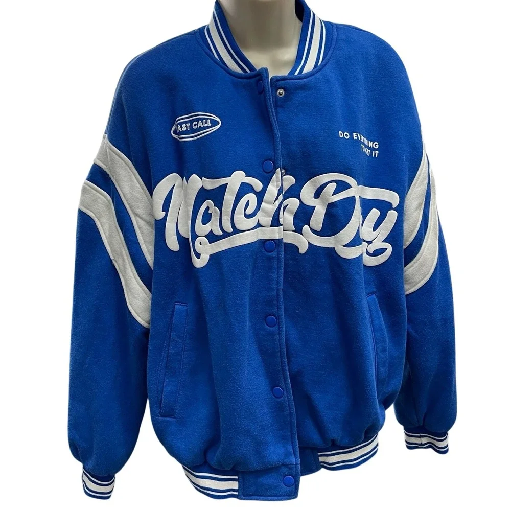 Bershka Mens Blue Match Day Varsity Bomber Jacket Size M Snap Front Streetwear